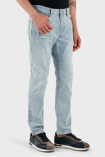 Emporio Armani Streç Pamuklu Slim Fit Düşük Bel Dar Paça Jeans Erkek Kot Pantolon EM000121 AF13281 MB003 AÇIK MAVİ - 4