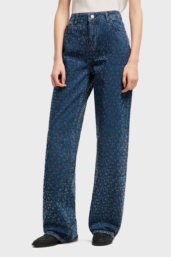 Emporio Armani Taşlı Regular Fit Yüksek Bel Geniş Paça Jeans Bayan Kot Pantolon EW001119 AF13298 MB001 LACİVERT - 1