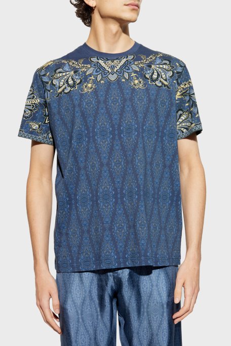 Etro Paisley Çiçekli % 100 Pamuk Regular Fit Bisiklet Yaka Erkek T Shirt MRMA0002 AK597 X0883 LACİVERT - 1