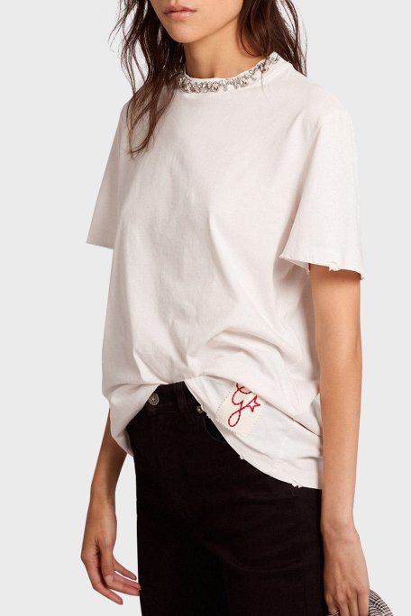 Golden Goose Pamuklu Regular Fit Parlak Taşlı Sıfır Yaka Bayan T Shirt GWP01220.P000673.10363 BEYAZ - 5