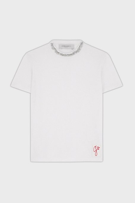 Golden Goose Pamuklu Regular Fit Parlak Taşlı Sıfır Yaka Bayan T Shirt GWP01220.P000673.10363 BEYAZ - 8