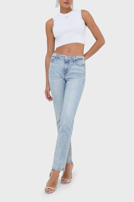 Guess Alexia Slim Fit Üçgen Logolu Kolsuz Crop T Shirt W4GZ34Z3F40 Bayan Top W4GZ34 Z3F40 G011 BEYAZ - 6