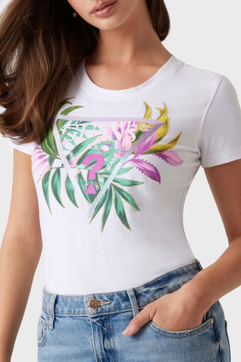 Guess Cn Ss Leaf Streç Pamuklu Desenli ve Taş Detaylı Bisiklet Yaka W5GI07J1314 Bayan T Shirt W5GI07 J1314 G011 BEYAZ - 1