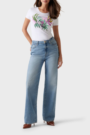 Guess Cn Ss Leaf Streç Pamuklu Desenli ve Taş Detaylı Bisiklet Yaka W5GI07J1314 Bayan T Shirt W5GI07 J1314 G011 BEYAZ - 3