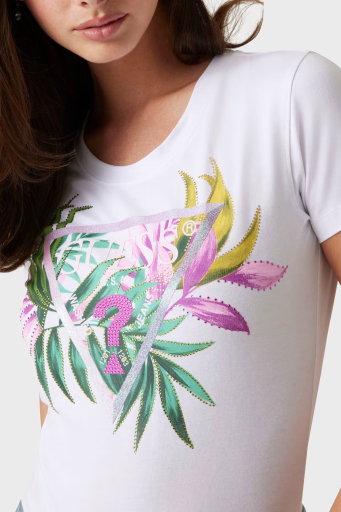 Guess Cn Ss Leaf Streç Pamuklu Desenli ve Taş Detaylı Bisiklet Yaka W5GI07J1314 Bayan T Shirt W5GI07 J1314 G011 BEYAZ - 4