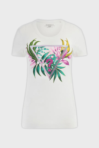 Guess Cn Ss Leaf Streç Pamuklu Desenli ve Taş Detaylı Bisiklet Yaka W5GI07J1314 Bayan T Shirt W5GI07 J1314 G011 BEYAZ - 5
