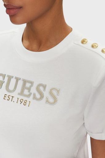 Guess Cn Ss Logolu Pamuklu Düğme Detaylı Boxy Fit Sıfır Yaka Cropped W5GI15K8FQ4 Bayan T Shirt W5GI15 K8FQ4 G011 BEYAZ - 5