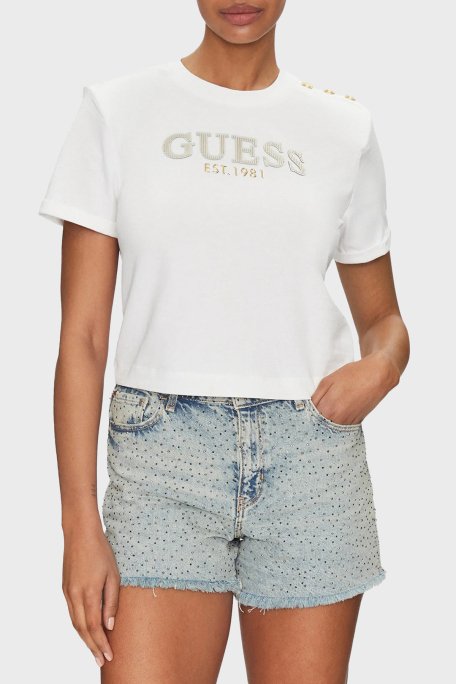 Guess Cn Ss Logolu Pamuklu Düğme Detaylı Boxy Fit Sıfır Yaka Cropped W5GI15K8FQ4 Bayan T Shirt W5GI15 K8FQ4 G011 BEYAZ - 6