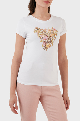 Guess Hibiscus Pamuklu Baskılı Slim Fit Bisiklet Yaka Bayan T Shirt W3GI11KA0Q1 G011 BEYAZ - 3