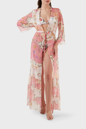 Guess İpek Karışımlı Desenli Bağlama Detaylı Kimono Uzun Bayan Pareo E3GK09WE550 P63W BEYAZ-PEMBE - 1