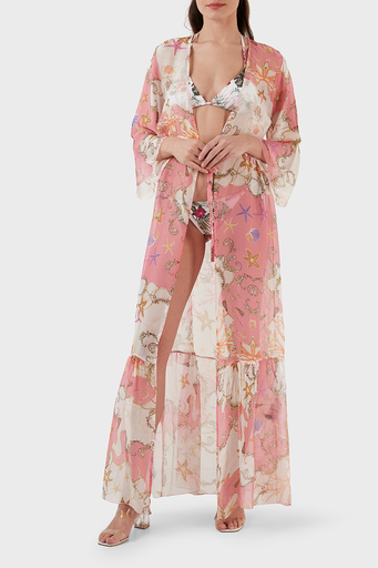 Guess İpek Karışımlı Desenli Bağlama Detaylı Kimono Uzun Bayan Pareo E3GK09WE550 P63W BEYAZ-PEMBE - 2