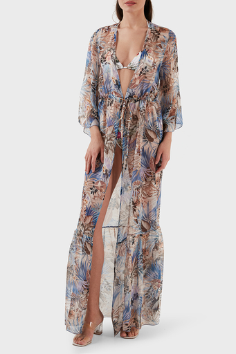 Guess İpek Karışımlı Desenli Bağlama Detaylı Kimono Uzun Bayan Pareo E3GK09WE550 P7HB MAVİ - 1