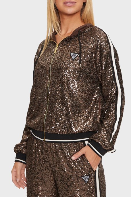 Guess Mini Sequins Payetli Regular Fit Kapüşonlu Yaka Crop V4BQ19KCI90 Bayan Sweat V4BQ19 KCI90 EAGR KAHVE - 1
