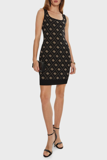 Guess Sarah 4G Logo Desenli Kalın Askılı Fitted Fit Mini Triko W4BK98Z3JD2 Bayan Elbise W4BK98 Z3JD2 FJ5Y SİYAH - 3