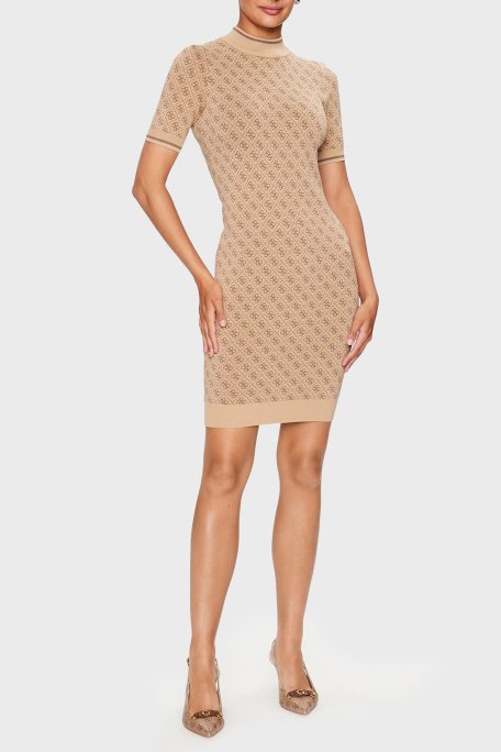 Guess Slim Fit Bisiklet Yaka Logo Desenli Kısa Kollu Mini Bayan Elbise W3YK39Z37K0 F1FP KAHVE - 2