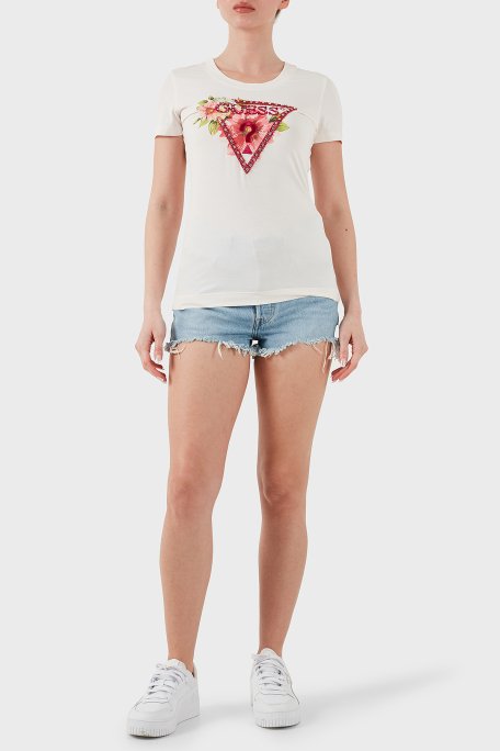 Guess Ss Cn Logo Nakışlı Streç Pamuklu Slim Fit Bisiklet Yaka W5GI10J1314 Bayan T Shirt W5GI10 J1314 G012 EKRU - 8