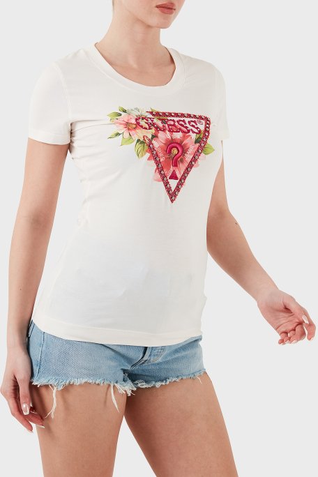 Guess Ss Cn Logo Nakışlı Streç Pamuklu Slim Fit Bisiklet Yaka W5GI10J1314 Bayan T Shirt W5GI10 J1314 G012 EKRU - 11