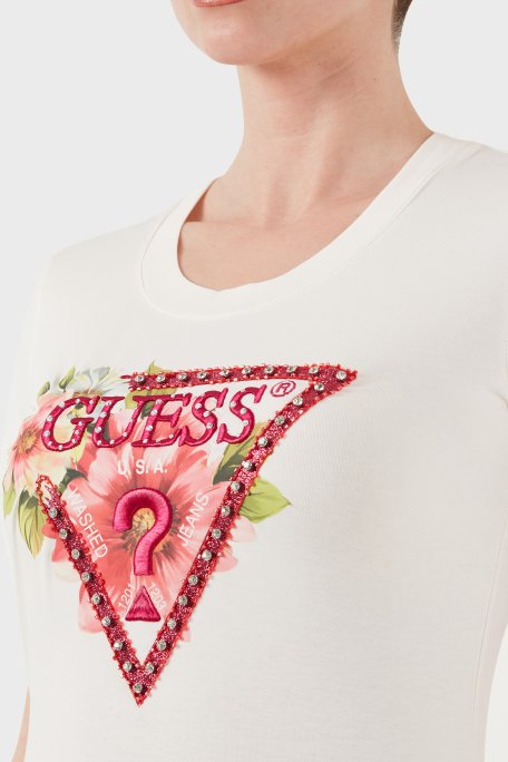 Guess Ss Cn Logo Nakışlı Streç Pamuklu Slim Fit Bisiklet Yaka W5GI10J1314 Bayan T Shirt W5GI10 J1314 G012 EKRU - 12