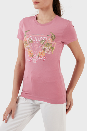 Guess Triangle Pamuklu Slim Fit Bisiklet Yaka Bayan T Shirt W3GI41J1314 G67G FUŞYA - 2