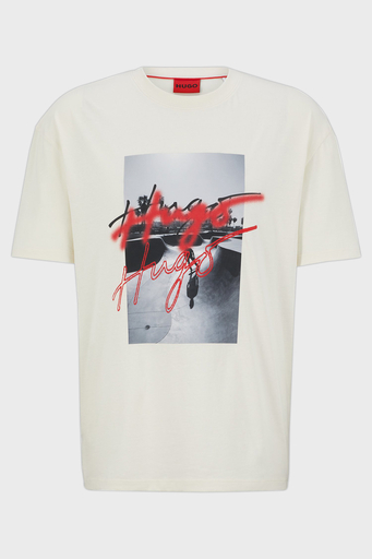 Hugo Baskılı Bisiklet Yaka % 100 Pamuk Oversize Erkek T Shirt 50491813 118 EKRU - 5