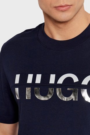 Hugo - Hugo Baskılı Regular Fit Bisiklet Yaka % 100 Pamuk Erkek T Shirt 50466496 405 LACİVERT (1)