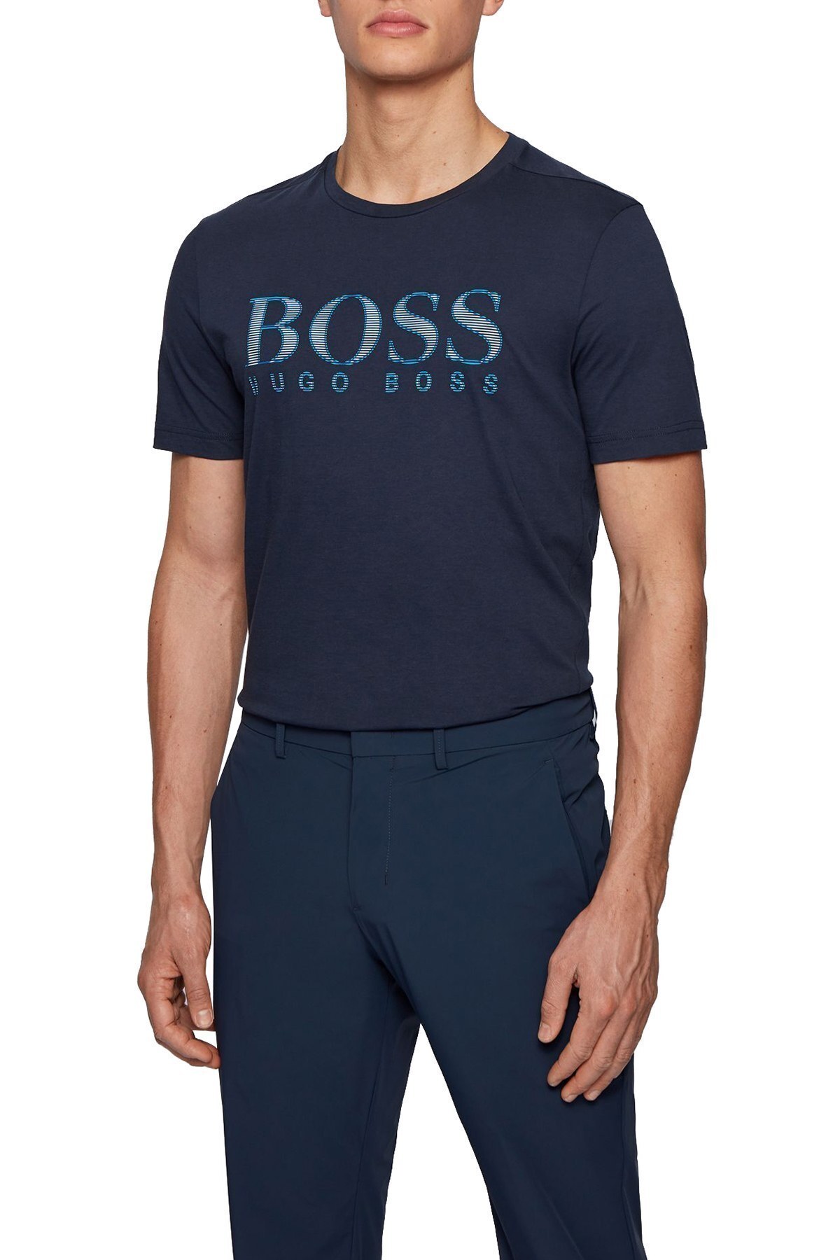 Hugo Boss % 100 Pamuklu Bisiklet Yaka Erkek T Shirt 50448306 410 LACİVERT