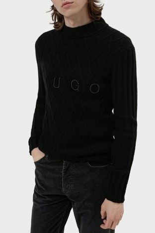 Hugo Boss - Hugo Boss Logolu Yün Karışımlı Dik Yaka Erkek Kazak 50460871 001 SİYAH