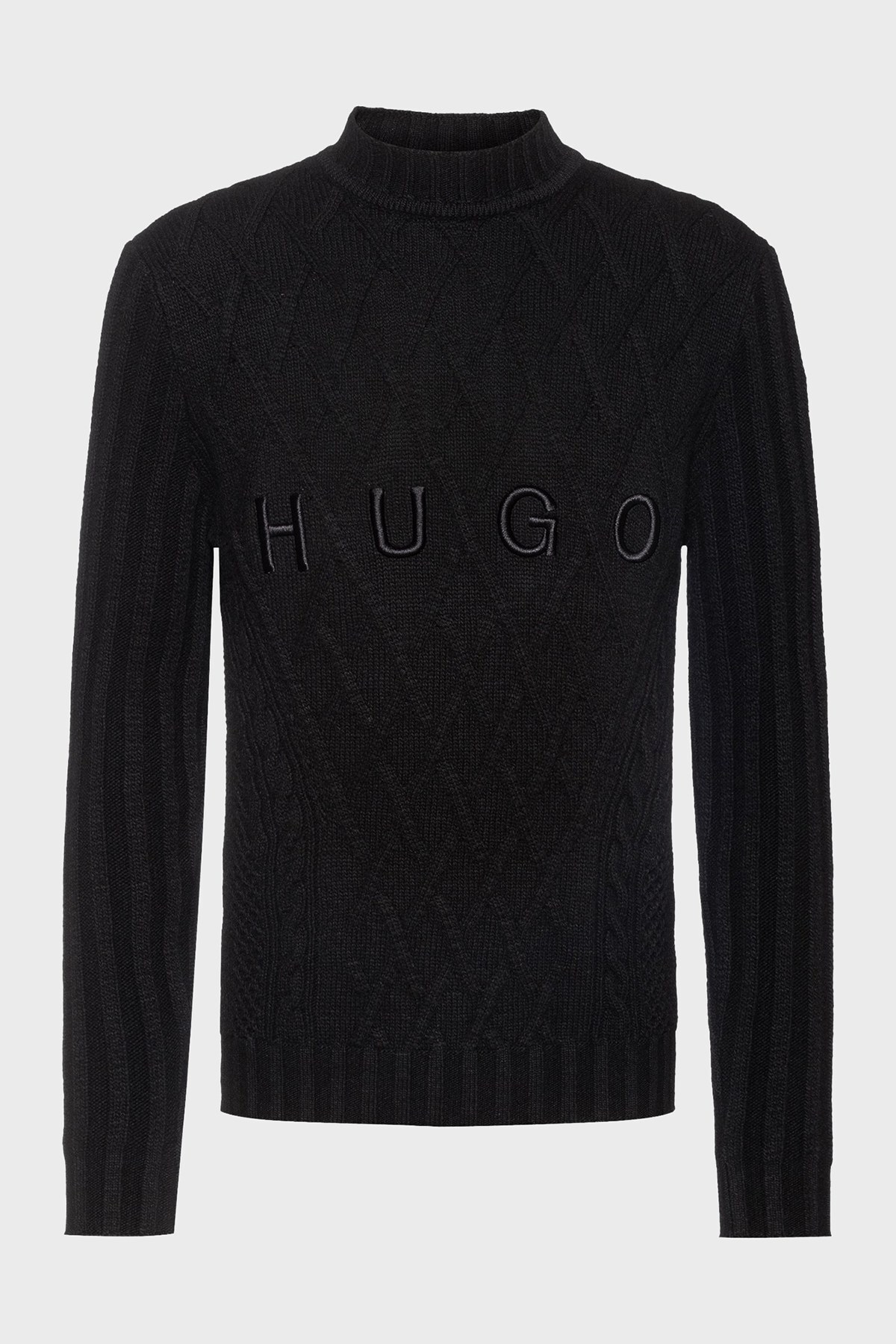 Hugo Boss Logolu Yün Karışımlı Dik Yaka Erkek Kazak 50460871 001 SİYAH