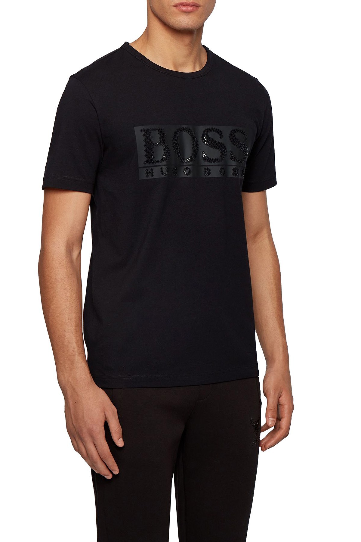 Hugo Boss Taşlı Logo Detaylı Bisiklet Yaka Erkek T Shirt 50443712 001 SİYAH