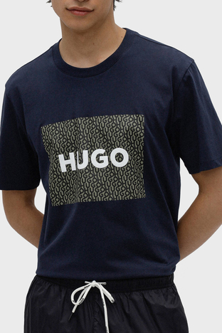 Hugo - Hugo Logo Baskılı Regular Fit Bisiklet Yaka Pamuklu Jarse Erkek T Shirt 50471672 405 LACİVERT