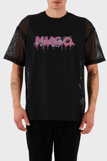 Hugo Logo Efektli Oversize Fit Bisiklet Yaka File Erkek T Shirt 50510000 001 SİYAH - 1