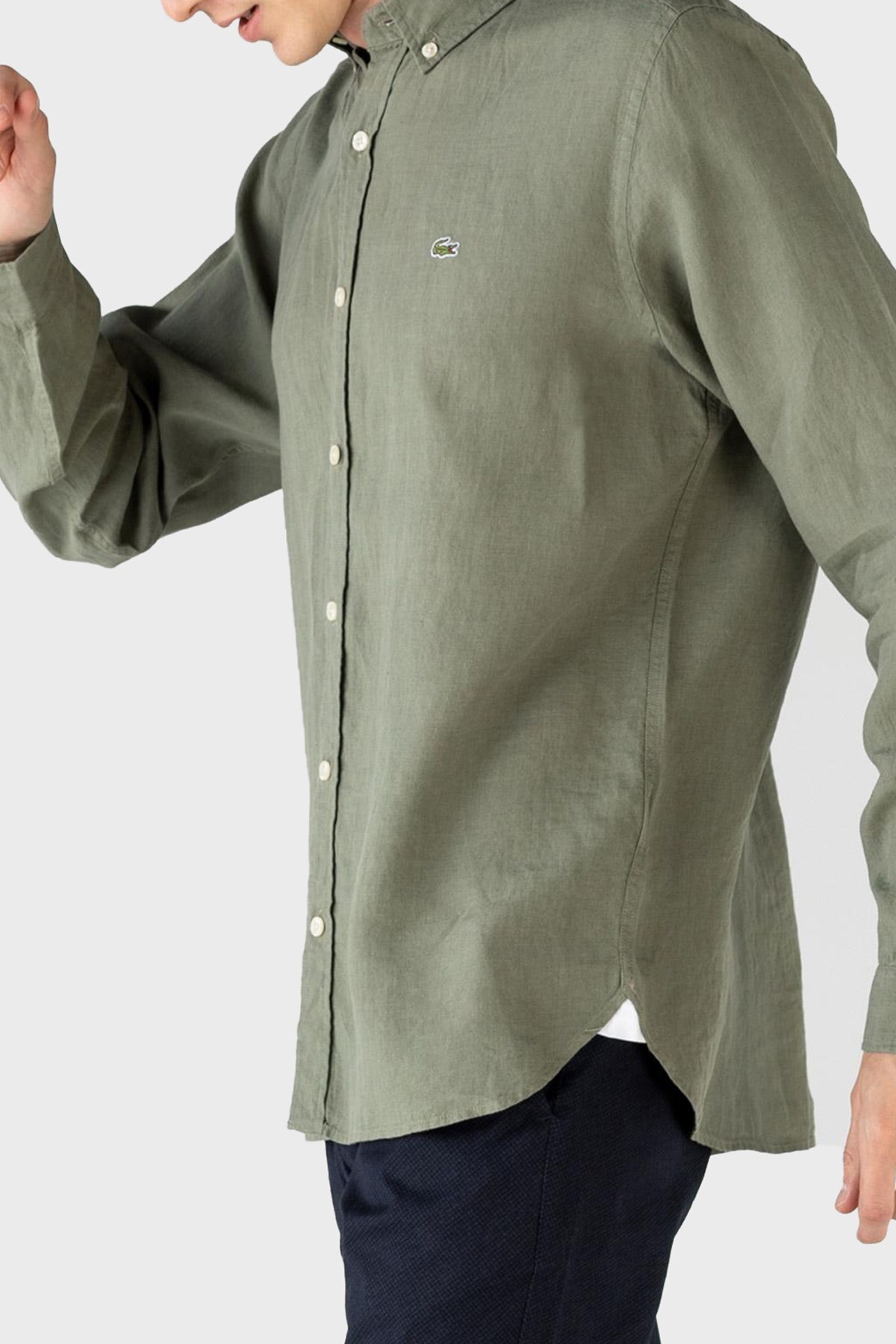 Lacoste Slim Fit Düğmeli Yaka Keten Erkek Gömlek CH4990 316 HAKİ
