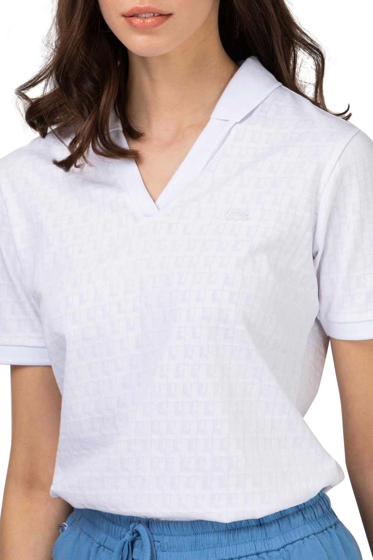 Lacoste Slim Fit Desenli T Shirt Bayan Polo PF0110 10B BEYAZ