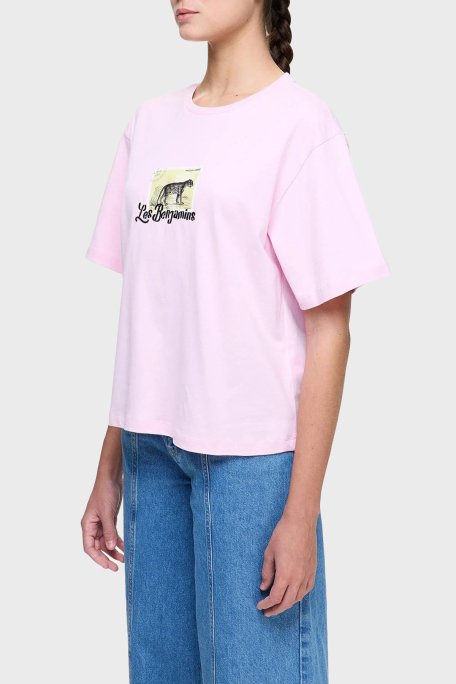 Les Benjamins Baskılı % 100 Pamuk Boxy Fit Bisiklet Yaka Bayan T Shirt LB25SSUNLFUTS-014 PEMBE - 1