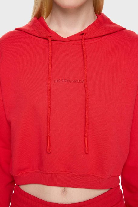 Les Benjamins Pamuklu Crop Fit Kapüşonlu Bayan Sweat LB24FWESSFUHD-302 KIRMIZI - 4