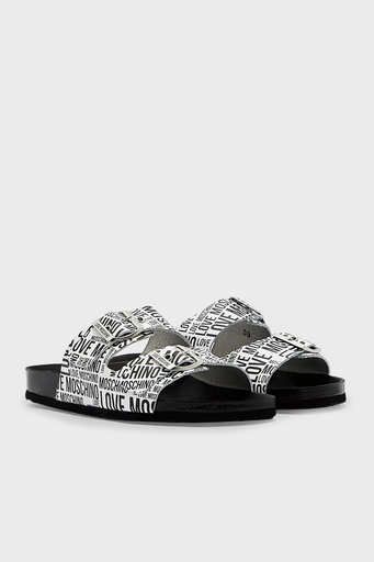 Love Moschino Logo Desenli Çift Tokalı Deri Bayan Terlik S JA28073G1CIJ010A BEYAZ - 2