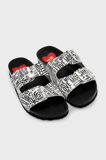 Love Moschino Logo Desenli Çift Tokalı Deri Bayan Terlik S JA28073G1CIJ010A BEYAZ - 5