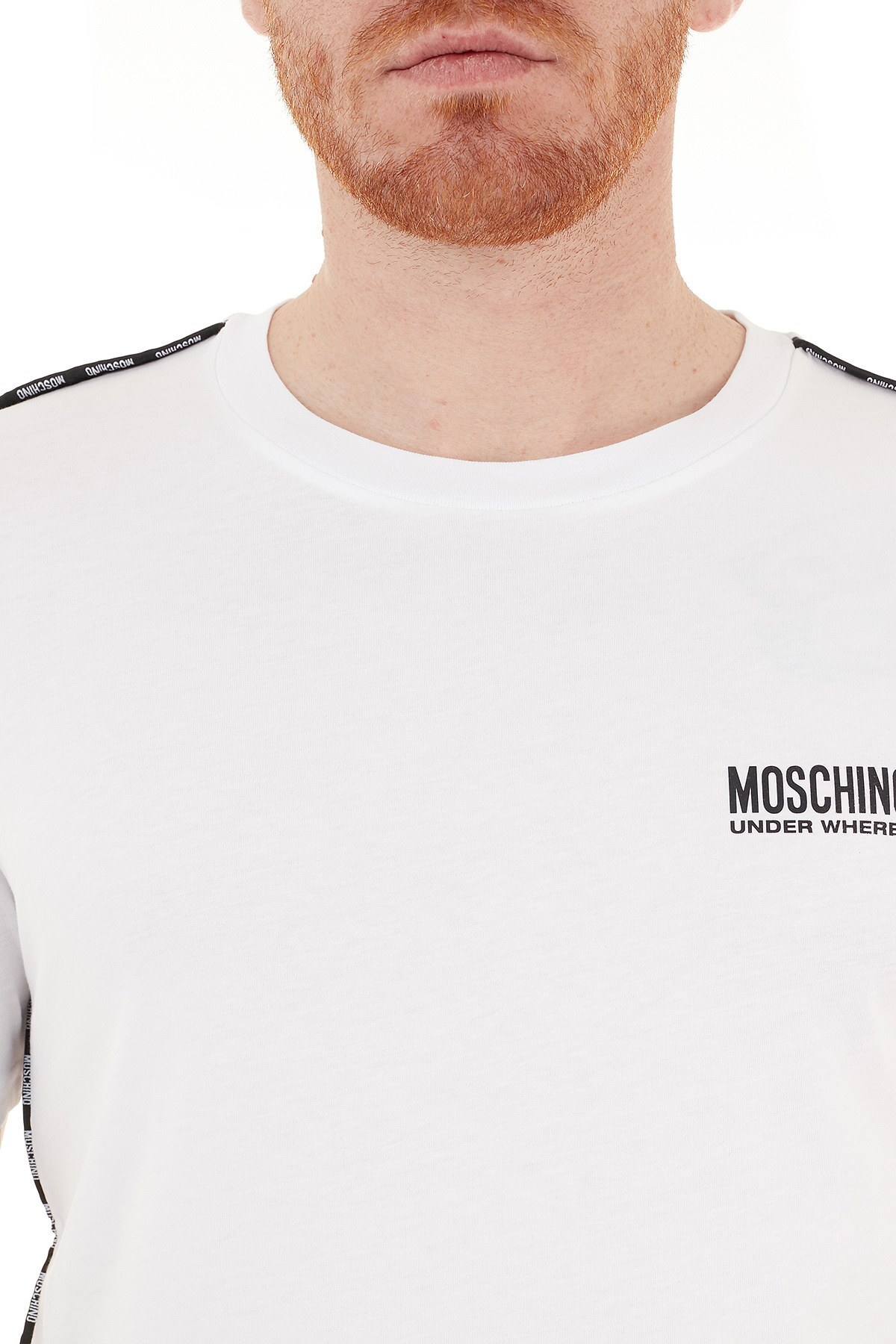 Moschino Logo Bantlı Bisiklet Yaka % 100 Pamuk Erkek T Shirt A1908 8114 0001 BEYAZ