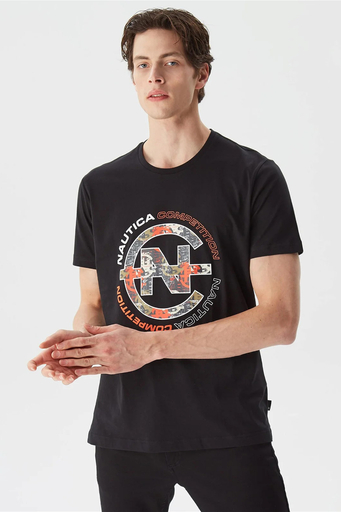 Nautica % 100 Pamuk Logo Baskılı Bisiklet Yaka Standart Fit Erkek T Shirt V35471T 0TB SİYAH - 1