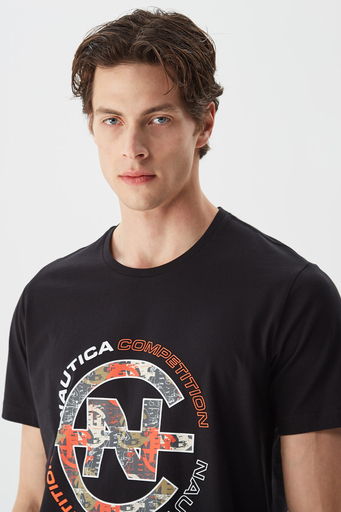 Nautica % 100 Pamuk Logo Baskılı Bisiklet Yaka Standart Fit Erkek T Shirt V35471T 0TB SİYAH - 3