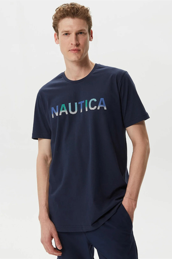 Nautica % 100 Pamuk Marka Baskılı Bisiklet Yaka Standart Fit Erkek T Shirt V35506T 4NV LACİVERT - 1