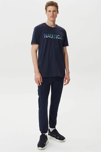 Nautica % 100 Pamuk Marka Baskılı Bisiklet Yaka Standart Fit Erkek T Shirt V35506T 4NV LACİVERT - 2