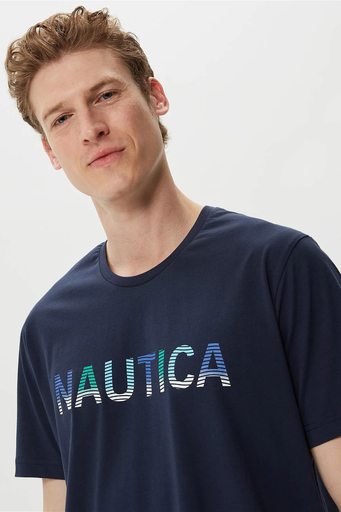 Nautica % 100 Pamuk Marka Baskılı Bisiklet Yaka Standart Fit Erkek T Shirt V35506T 4NV LACİVERT - 3