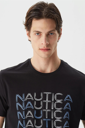 Nautica % 100 Pamuk Marka Baskılı Bisiklet Yaka Standart Fit Erkek T Shirt V35528T 0TB SİYAH - 7