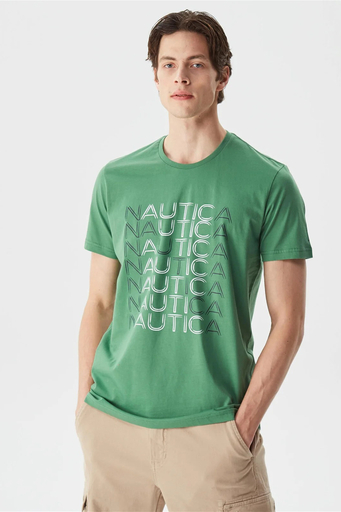 Nautica % 100 Pamuk Marka Baskılı Bisiklet Yaka Standart Fit Erkek T Shirt V35528T 3FY YEŞİL - 1