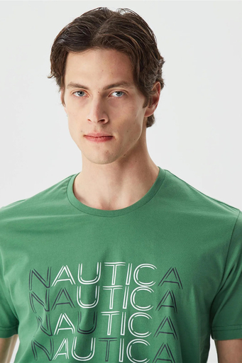 Nautica % 100 Pamuk Marka Baskılı Bisiklet Yaka Standart Fit Erkek T Shirt V35528T 3FY YEŞİL - 3