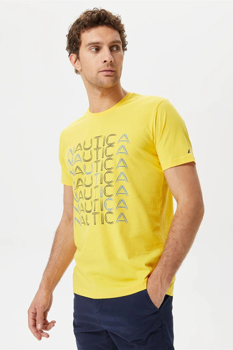 Nautica % 100 Pamuk Marka Baskılı Bisiklet Yaka Standart Fit Erkek T Shirt V35528T 70E SARI - 1