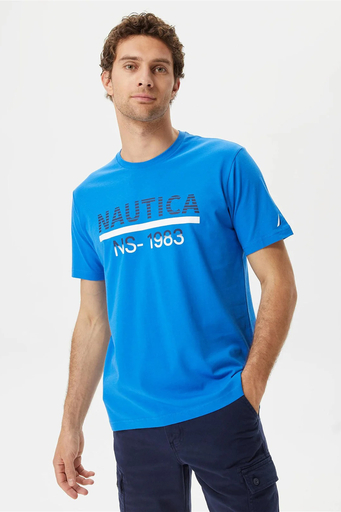 Nautica % 100 Pamuk Marka Baskılı Bisiklet Yaka Standart Fit Erkek T Shirt V35532T 4SJ SAKS - 1