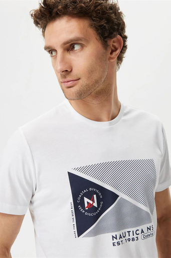 Nautica % 100 Pamuk Marka Baskılı Bisiklet Yaka Standart Fit Erkek T Shirt V35902T 1BW BEYAZ - 3