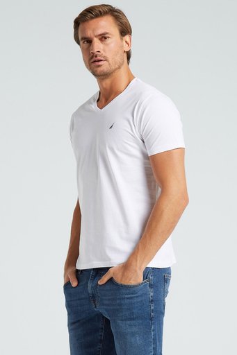 Nautica % 100 Pamuk Standart Fit V Yaka Erkek T Shirt V35525T 1BW BEYAZ - 1